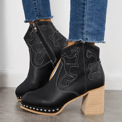 Embroidered Chunky Heel Women's Short Boots Side Zipper