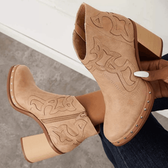 Embroidered Chunky Heel Women's Short Boots Side Zipper
