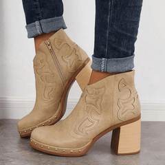 Embroidered Chunky Heel Women's Short Boots Side Zipper