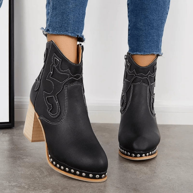 Embroidered Chunky Heel Women's Short Boots Side Zipper
