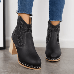 Embroidered Chunky Heel Women's Short Boots Side Zipper