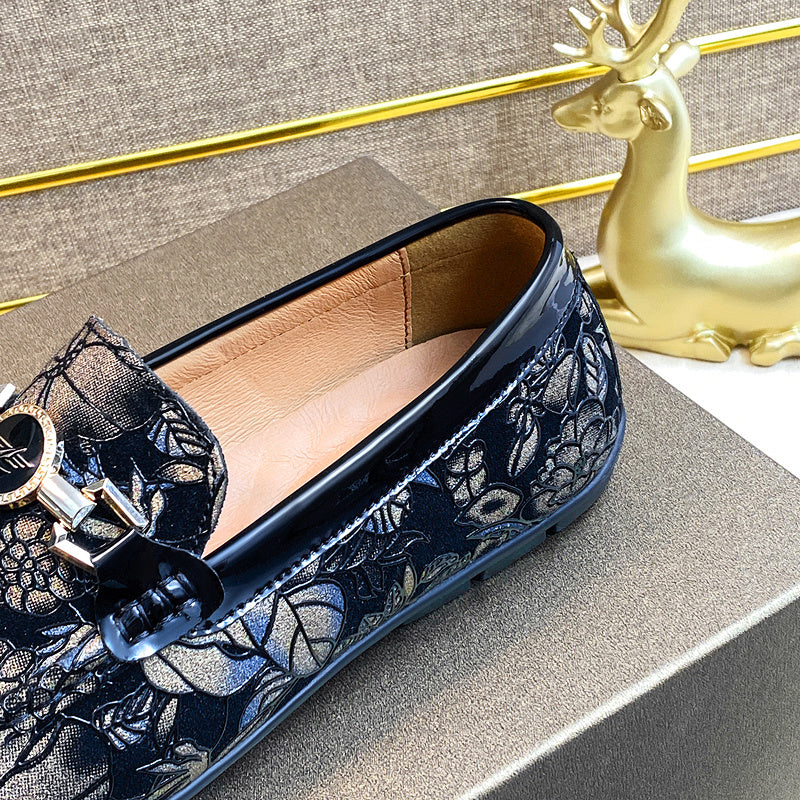 Men's Leather Bit Loafer Shoes Flower Print Slip On Shoes