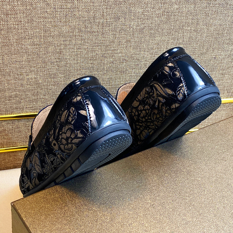 Men's Leather Bit Loafer Shoes Flower Print Slip On Shoes