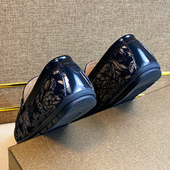 Men's Leather Bit Loafer Shoes Flower Print Slip On Shoes