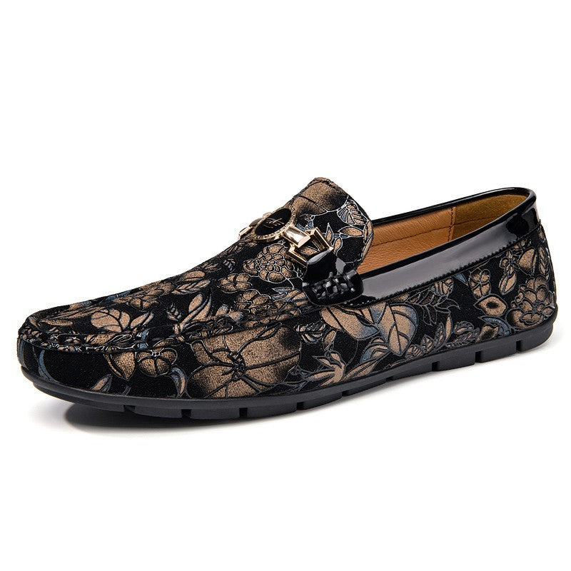 Men's Leather Bit Loafer Shoes Flower Print Slip On Shoes