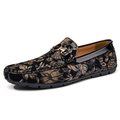 Men's Leather Bit Loafer Shoes Flower Print Slip On Shoes
