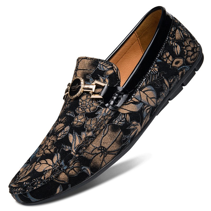 Men's Leather Bit Loafer Shoes Flower Print Slip On Shoes