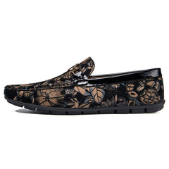 Men's Leather Bit Loafer Shoes Flower Print Slip On Shoes