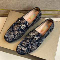 Men's Leather Bit Loafer Shoes Flower Print Slip On Shoes