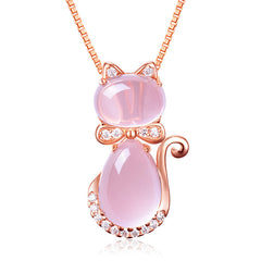 Rose Plated Quartz Pink Crystal Cat Pendant Necklace for Girls
