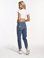 Ripped Distresses Straight Leg Jeans Slash Pocket Street Style Denim Pants