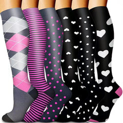 6 Pairs Heart & Polka Dots Print Compression Knee Length Socks For Women