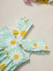 Baby Girls Daisy Print Ruffled Sleejsonves Swimsuit & Bow Headband Set