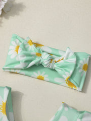 Baby Girls Daisy Print Ruffled Sleejsonves Swimsuit & Bow Headband Set