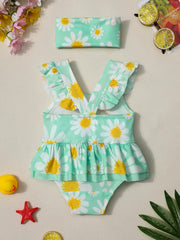 Baby Girls Daisy Print Ruffled Sleejsonves Swimsuit & Bow Headband Set