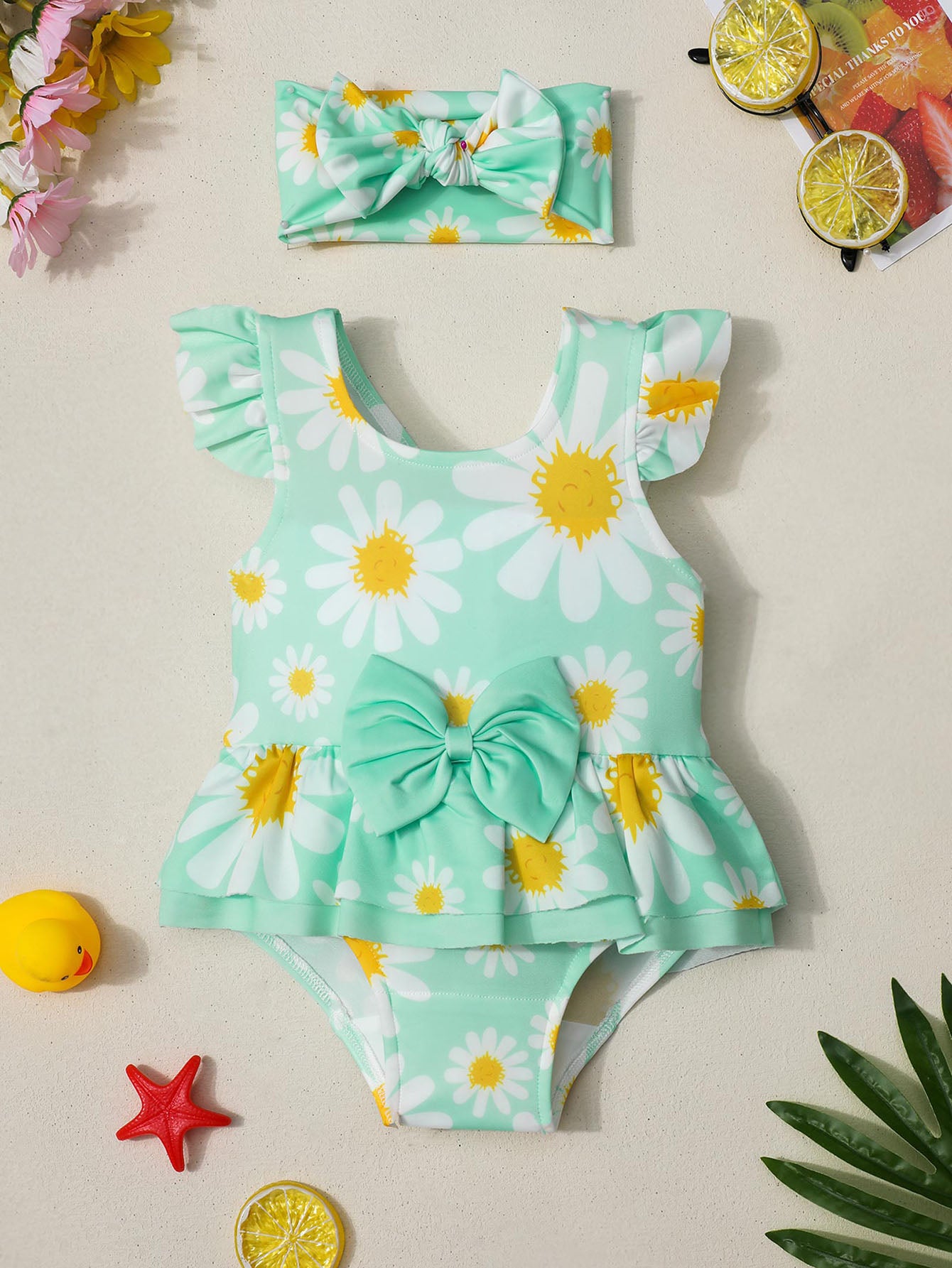 Baby Girls Daisy Print Ruffled Sleejsonves Swimsuit & Bow Headband Set