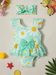 Baby Girls Daisy Print Ruffled Sleejsonves Swimsuit & Bow Headband Set
