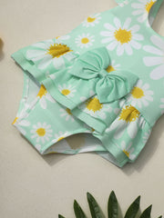 Baby Girls Daisy Print Ruffled Sleejsonves Swimsuit & Bow Headband Set