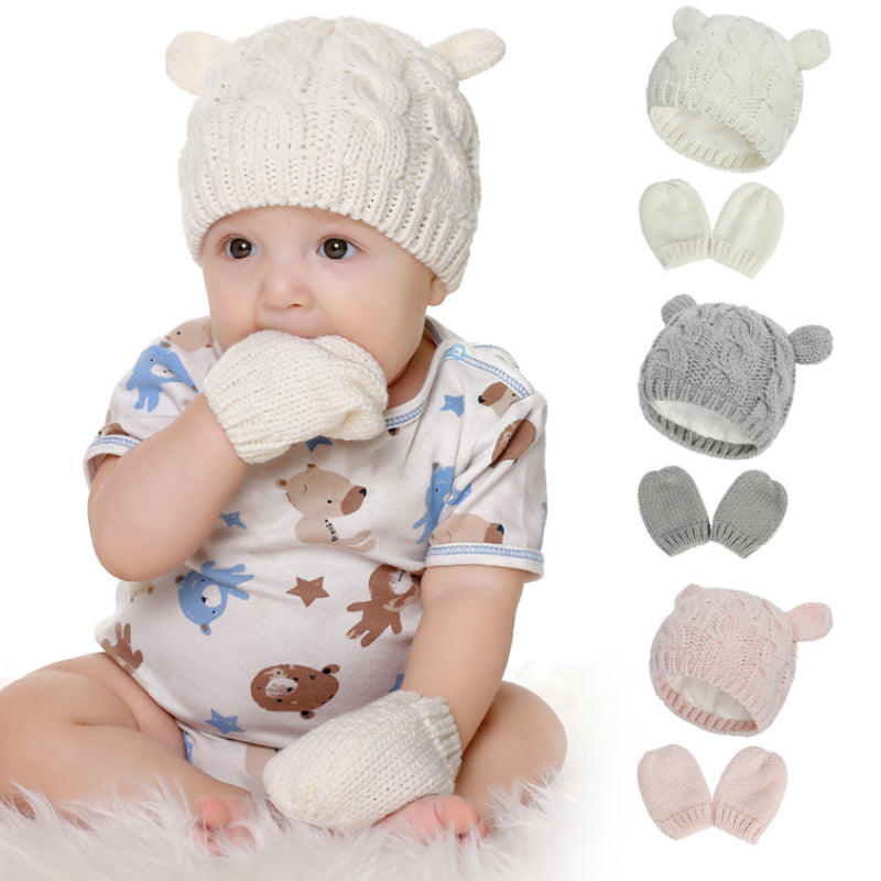 Newborn Baby Knit Hat And Mittens Set With Ear For Winter
