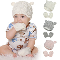 Newborn Baby Knit Hat And Mittens Set With Ear For Winter