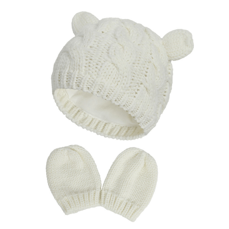 Newborn Baby Knit Hat And Mittens Set With Ear For Winter