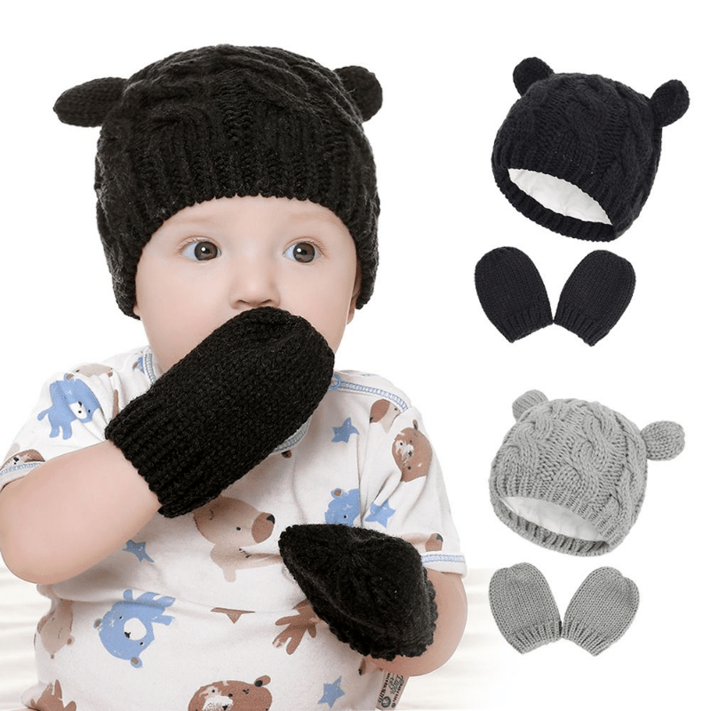 Newborn Baby Knit Hat And Mittens Set With Ear For Winter