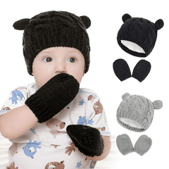 Newborn Baby Knit Hat And Mittens Set With Ear For Winter