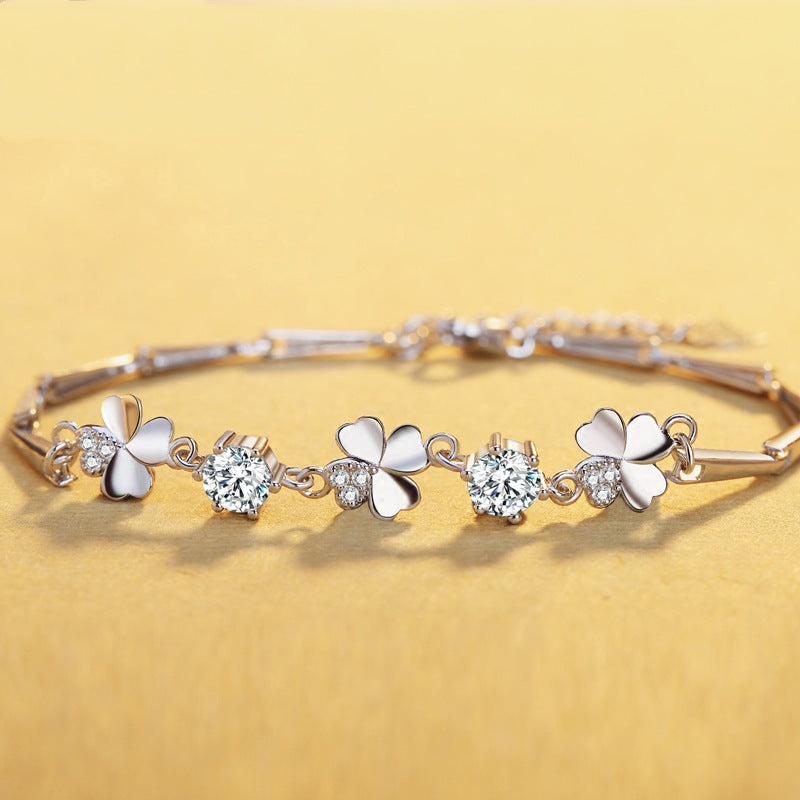Girls Zircon Clover Bracelet, Adjustable Student Accessory