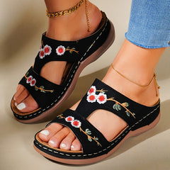 Women's Flower Embroidered Wedge Slippers Open Toe Non Slip Beach Slides