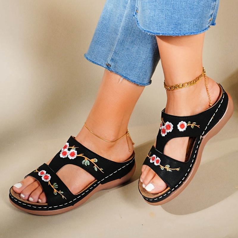 Women's Flower Embroidered Wedge Slippers Open Toe Non Slip Beach Slides