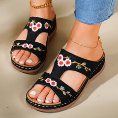 Women's Flower Embroidered Wedge Slippers Open Toe Non Slip Beach Slides