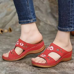 Women's Flower Embroidered Wedge Slippers Open Toe Non Slip Beach Slides