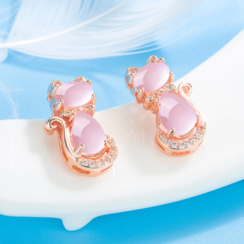 Girls Pink Crystal Cat Zircon Stud Earrings Birthday Gift
