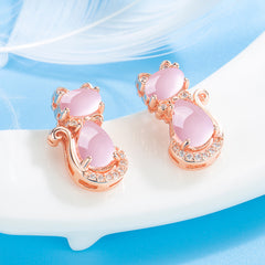 Girls Pink Crystal Cat Zircon Stud Earrings Birthday Gift