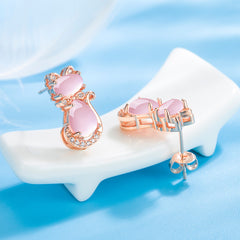 Girls Pink Crystal Cat Zircon Stud Earrings Birthday Gift
