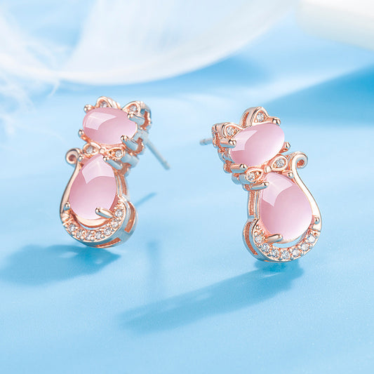 Girls Pink Crystal Cat Zircon Stud Earrings Birthday Gift