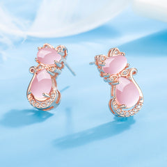 Girls Pink Crystal Cat Zircon Stud Earrings Birthday Gift
