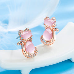Girls Pink Crystal Cat Zircon Stud Earrings Birthday Gift