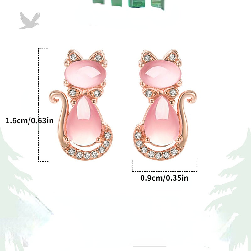 Girls Pink Crystal Cat Zircon Stud Earrings Birthday Gift