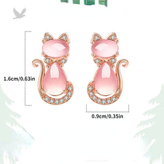 Girls Pink Crystal Cat Zircon Stud Earrings Birthday Gift