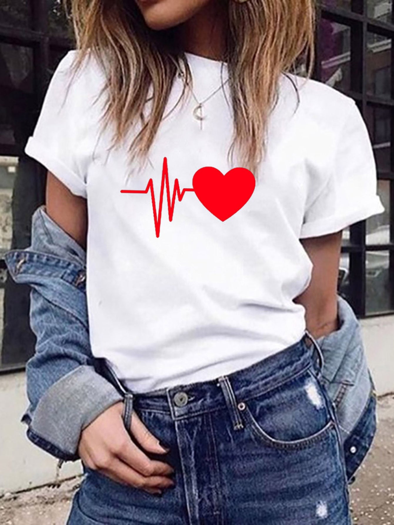 Red Heart Print Short Sleeve T shirt Solid Round Neck Comfy Tops