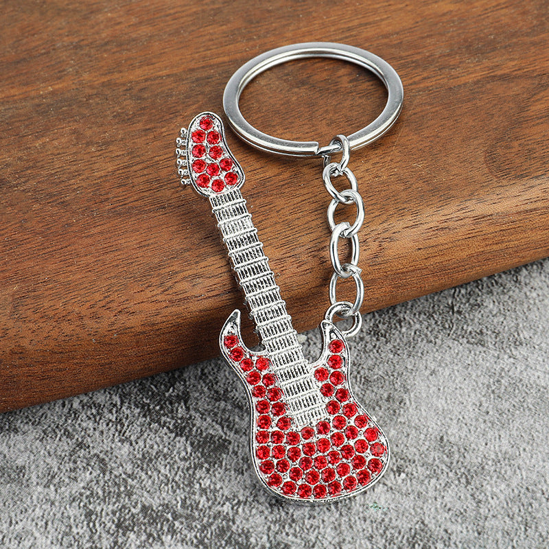 Cartoon Guitar Keychain Rhinestone Metal Key Chain Bag Pendant Gift