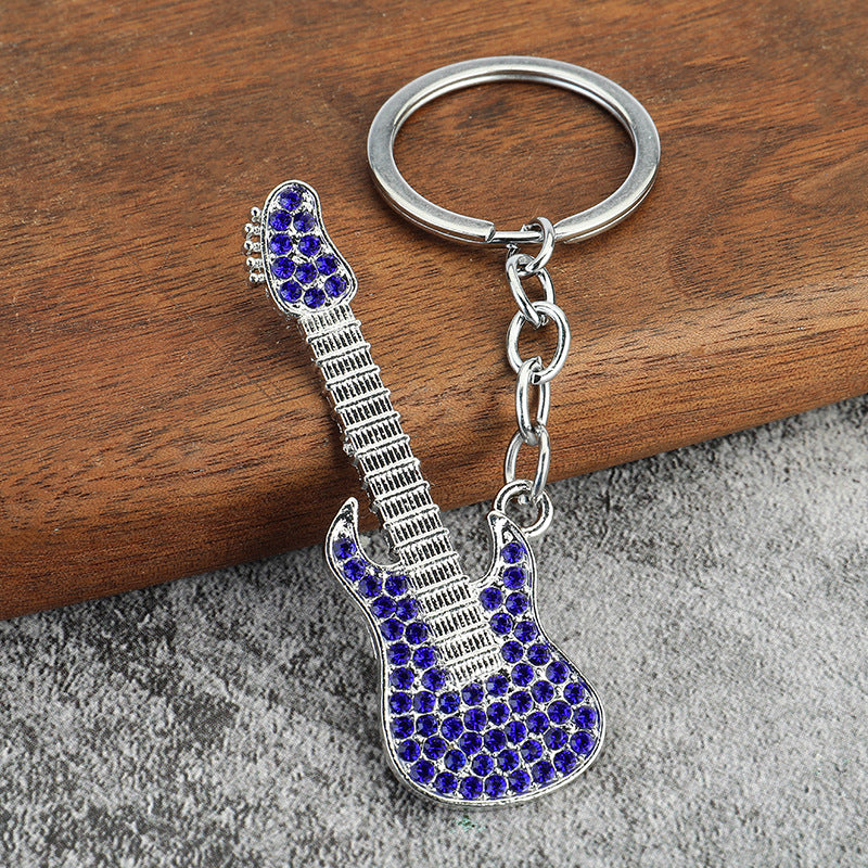 Cartoon Guitar Keychain Rhinestone Metal Key Chain Bag Pendant Gift