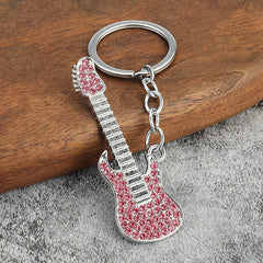 Cartoon Guitar Keychain Rhinestone Metal Key Chain Bag Pendant Gift