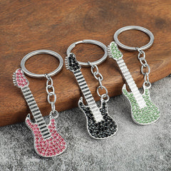 Cartoon Guitar Keychain Rhinestone Metal Key Chain Bag Pendant Gift