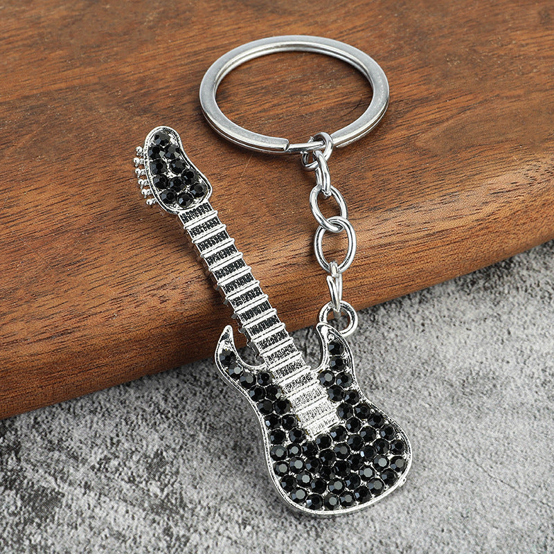 Cartoon Guitar Keychain Rhinestone Metal Key Chain Bag Pendant Gift