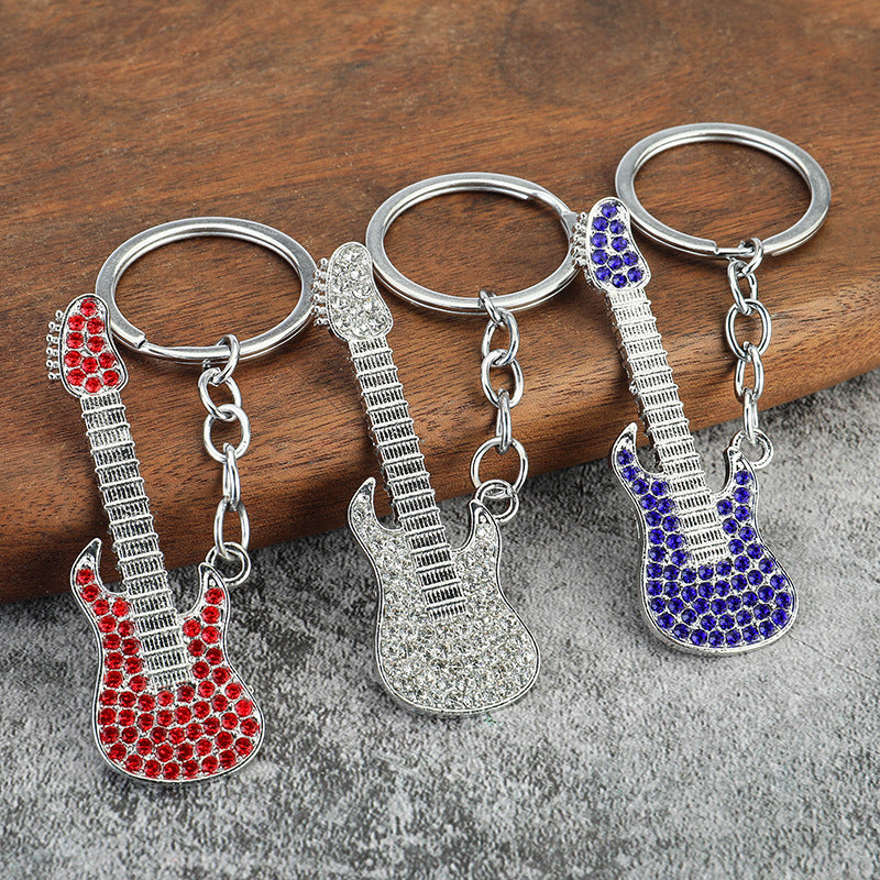 Cartoon Guitar Keychain Rhinestone Metal Key Chain Bag Pendant Gift