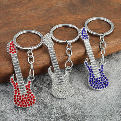 Cartoon Guitar Keychain Rhinestone Metal Key Chain Bag Pendant Gift