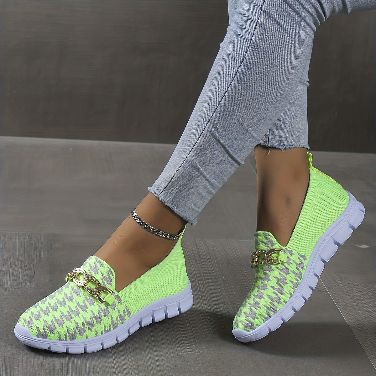 Metallic Chain Decor Slip-On Lightweight Flying Woven Shoes