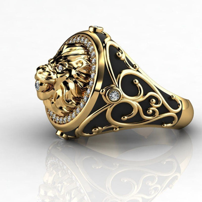 Men's Lion Ring with Artificial Diamond Inlay